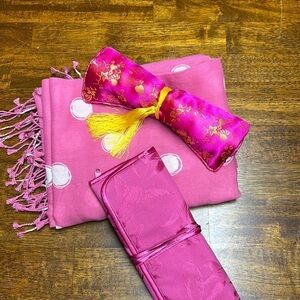 Scarf 42”x70” or table cover with travel jewelry wrap and Mary Kay makeup pouch